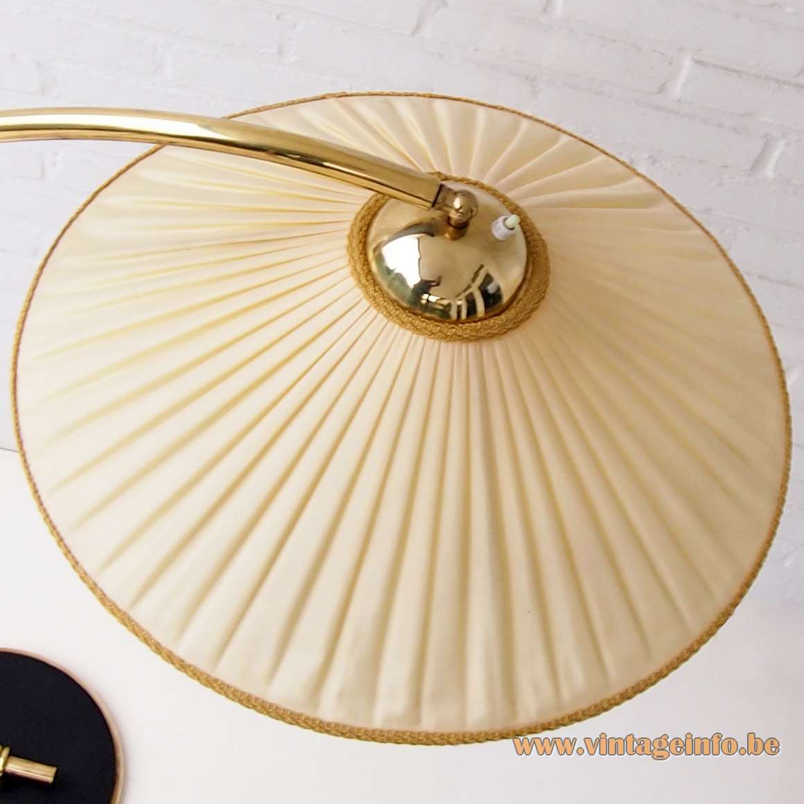 Rupert Nikoll 1950s floor lamp round black base brass curved rod conical fabric lampshade 1960s Austria