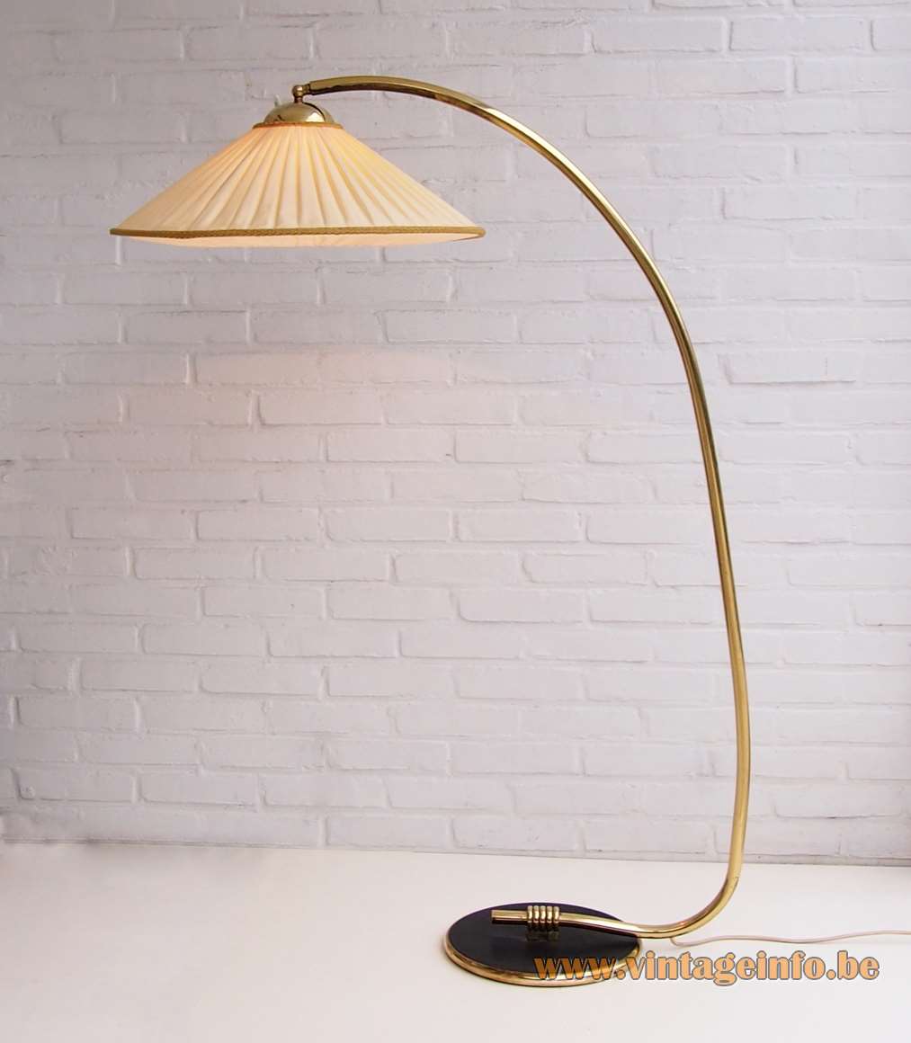 Rupert Nikoll 1950s floor lamp round black base brass curved rod conical fabric lampshade 1960s Austria