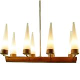 Rupert Nikoll candle chandelier 8 conical tubular opal glass lampshades brass rosewood beam 1950s 1960s Austria