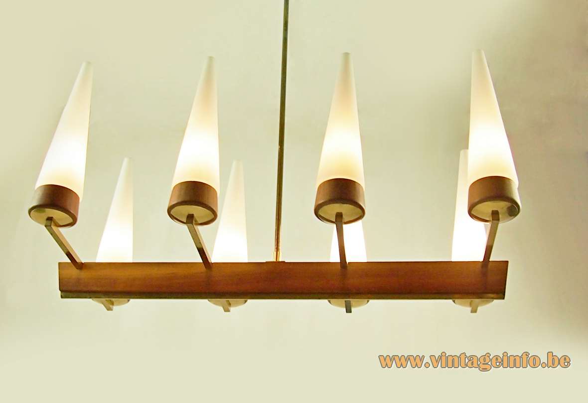 Rupert Nikoll candle chandelier 8 conical tubular opal glass lampshades brass rosewood beam 1950s 1960s Austria