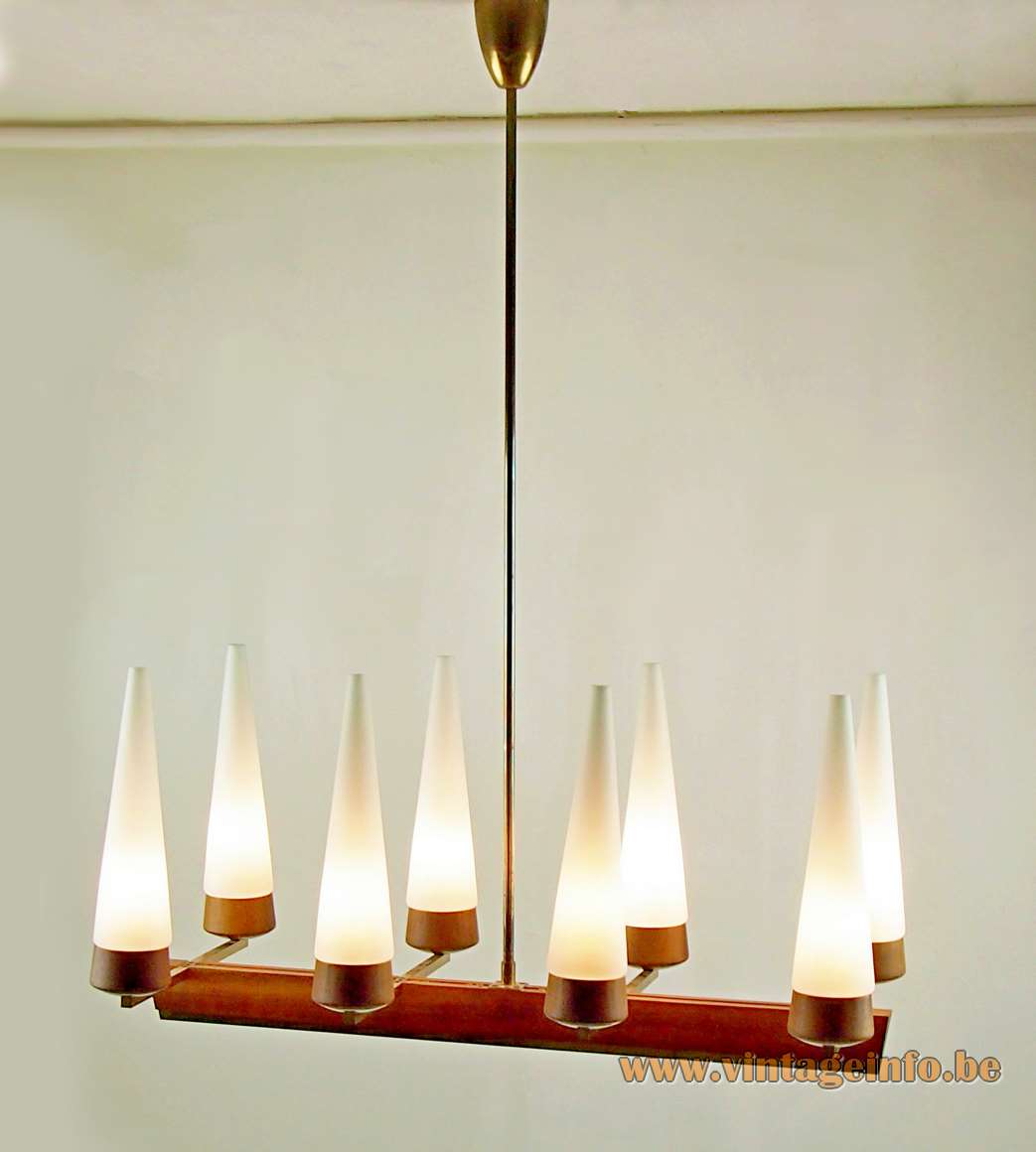 Rupert Nikoll candle chandelier 8 conical tubular opal glass lampshades brass rosewood beam 1950s 1960s Austria