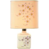 Square 1980s flowers table lamp white enamelled ceramics pink purple aster square fabric lampshade Italy