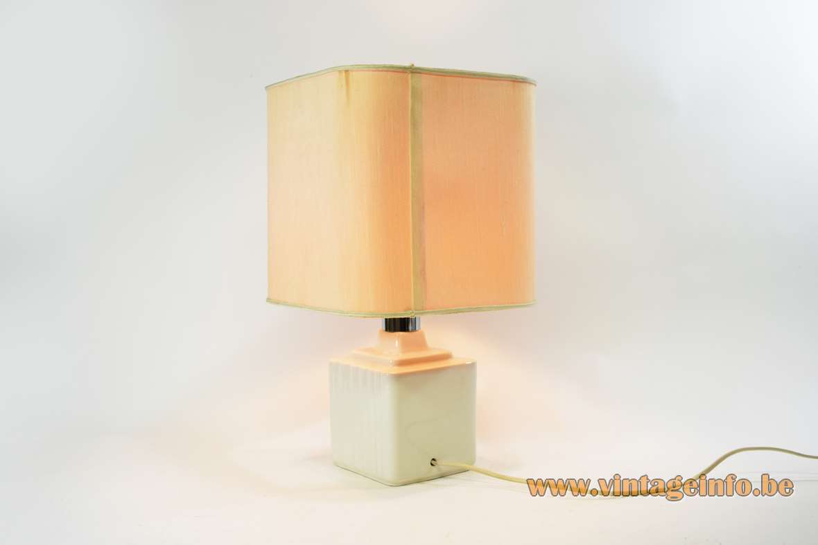 Square 1980s flowers table lamp white enamelled ceramics pink purple aster square fabric lampshade Italy 
