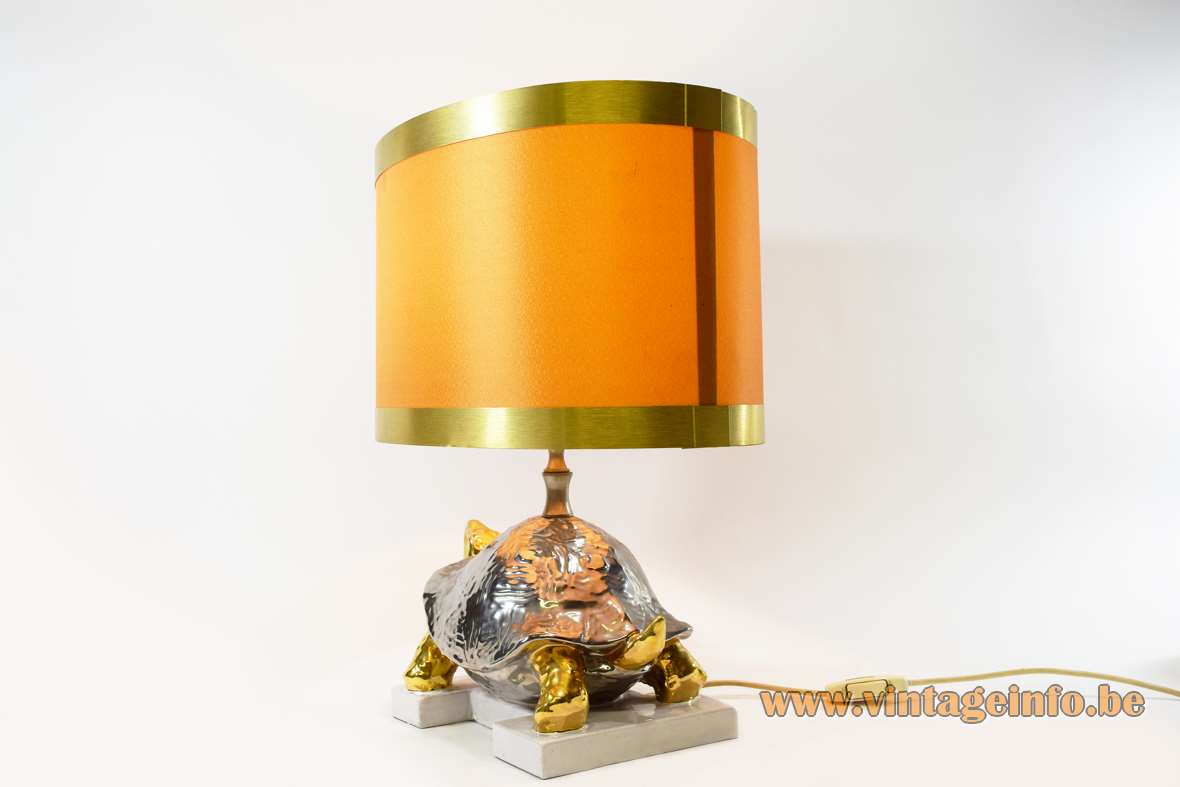 Zaccagnini turtle table lamp silver gold painted ceramics oval fabric lampshade 1970s Florence Italy kitsch 