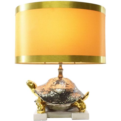 Zaccagnini turtle table lamp silver gold painted ceramics oval fabric lampshade 1970s Florence Italy kitsch