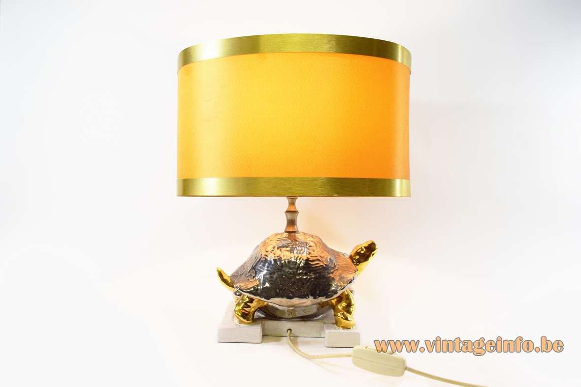 Zaccagnini turtle table lamp silver gold painted ceramics oval fabric lampshade 1970s Florence Italy kitsch 