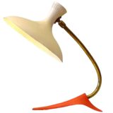 1950s Cosack diabolo desk lamp orange-red tripod crowfoot base curved brass rod white lampshade 1960s