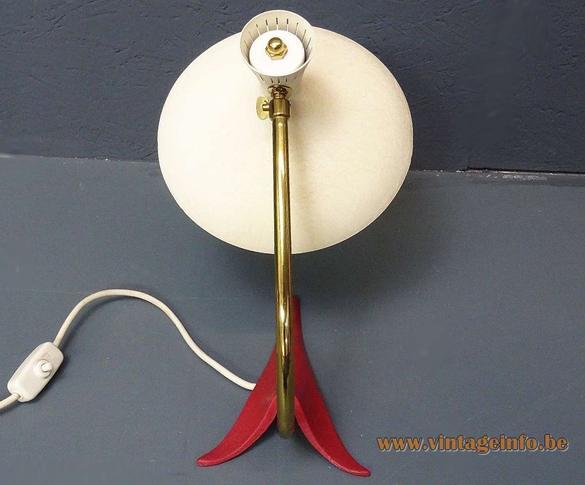 1950s Cosack diabolo desk lamp orange-red tripod crowfoot base curved brass rod white lampshade 1960s