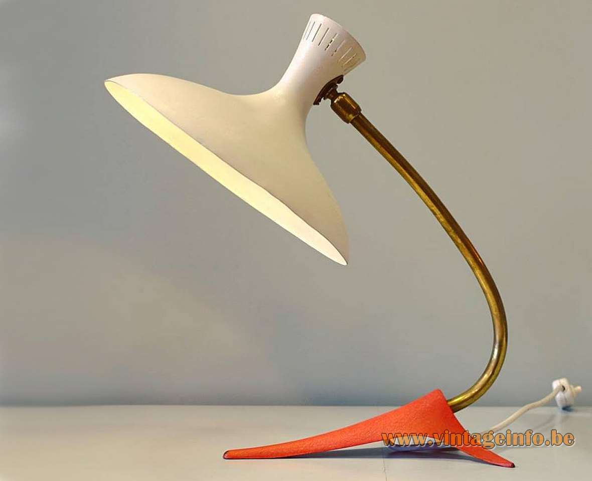 1950s Cosack diabolo desk lamp orange-red tripod crowfoot base curved brass rod white lampshade 1960s