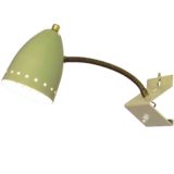 1950s Hala perforated stars wall lamp with a olive green lampshade and brass gooseneck E14 socket