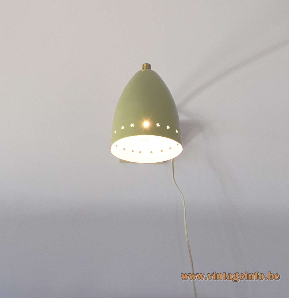 1950s Hala perforated stars wall lamp with a olive green lampshade and brass gooseneck E14 socket