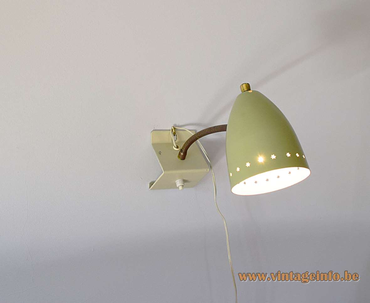 1950s Hala perforated stars wall lamp with a olive green lampshade and brass gooseneck E14 socket
