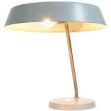 1970s VEB NARVA desk lamp flat round metal base built-in switch curved rod mushroom lampshade Philips style - Louis Kalff