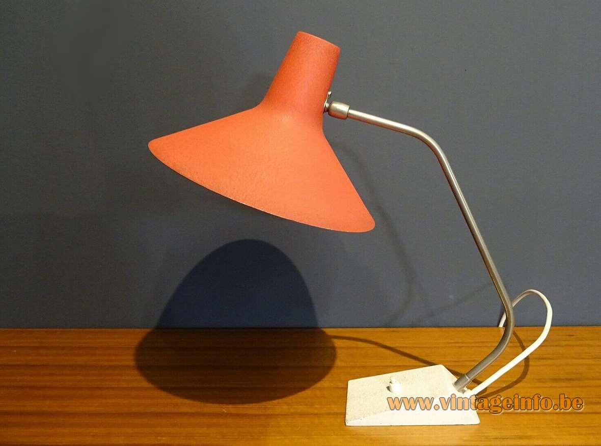 1960s SIS witch hat desk lamp wrinkle paint base curved brass rod conical lampshade Germany