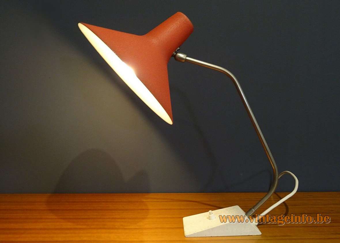 1960s SIS witch hat desk lamp wrinkle paint base curved brass rod conical lampshade Germany