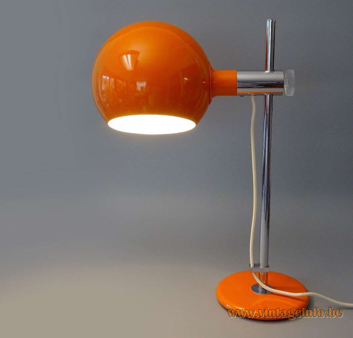 1970s Cosack globe desk lamp orange lampshade & base chrome rod acrylic adjustment screw Germany