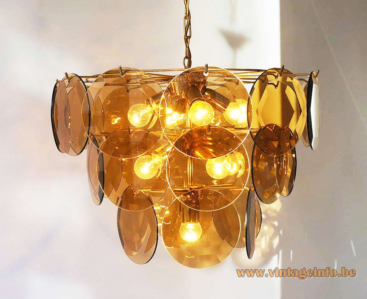 1970s cut glass discs chandelier 27 smoked dishes facet-cut brass wire frame ORION Austria 1980s