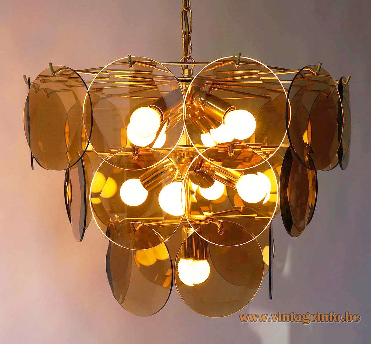1970s cut glass discs chandelier 27 smoked dishes facet-cut brass wire frame ORION Austria 1980s