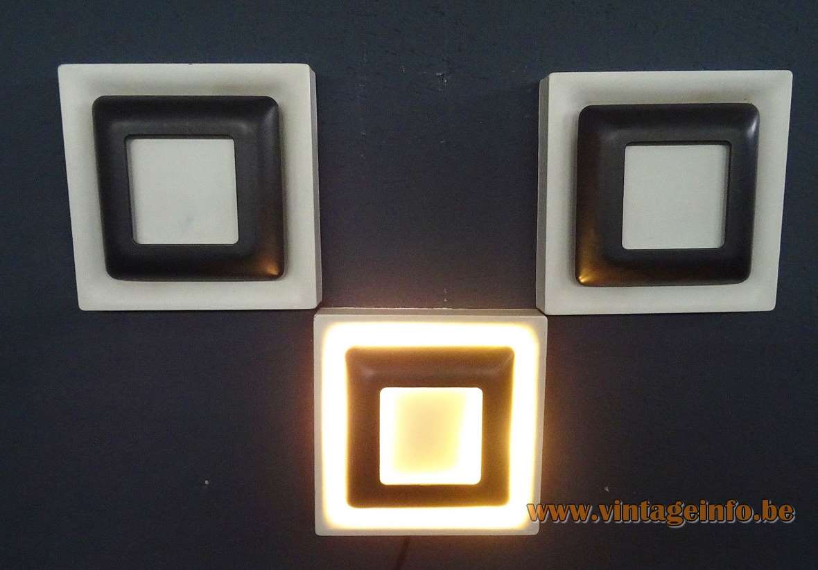 1970s Doria square metal wall lamp white and black painted aluminium design award Germany 2 E14 sockets