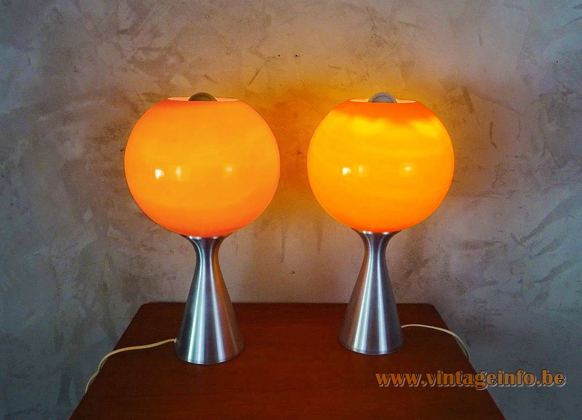 1970s ERCO globe table lamp conical brushed aluminium base orange glass lampshade Germany E27 socket