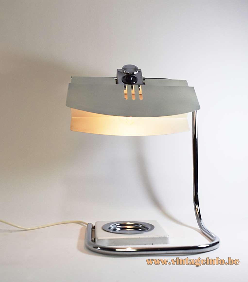 1970s Italian ashtray desk lamp square base folded chrome rod flat silver painted aluminium lampshade Florence