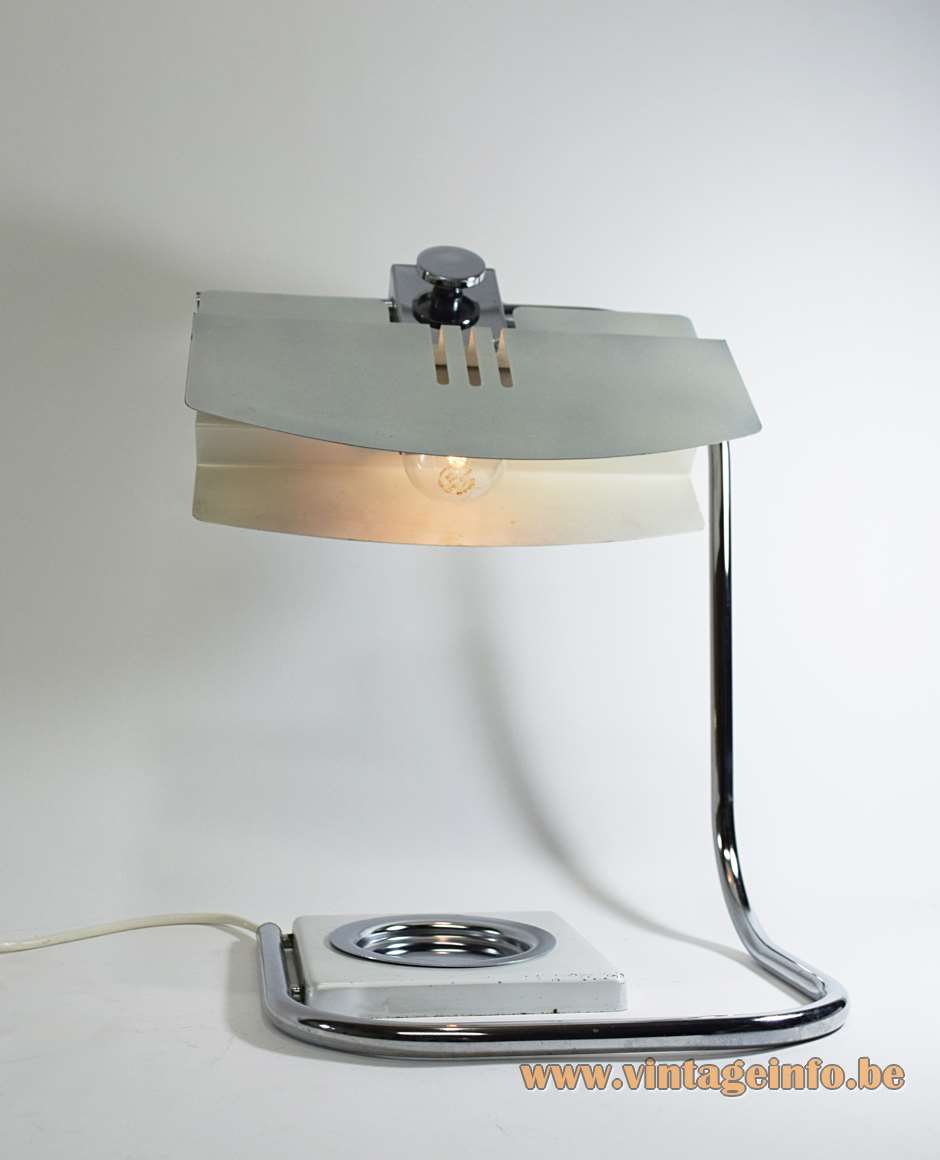 1970s Italian ashtray desk lamp square base folded chrome rod flat silver painted aluminium lampshade Florence