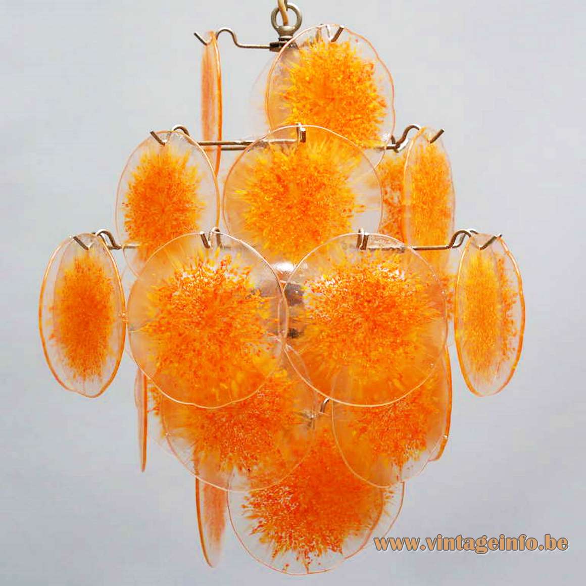 27 discs Murano chandelier chrome wire frame orange glass dishes 1960s 1970s AV Mazzega Vistosi Italy 