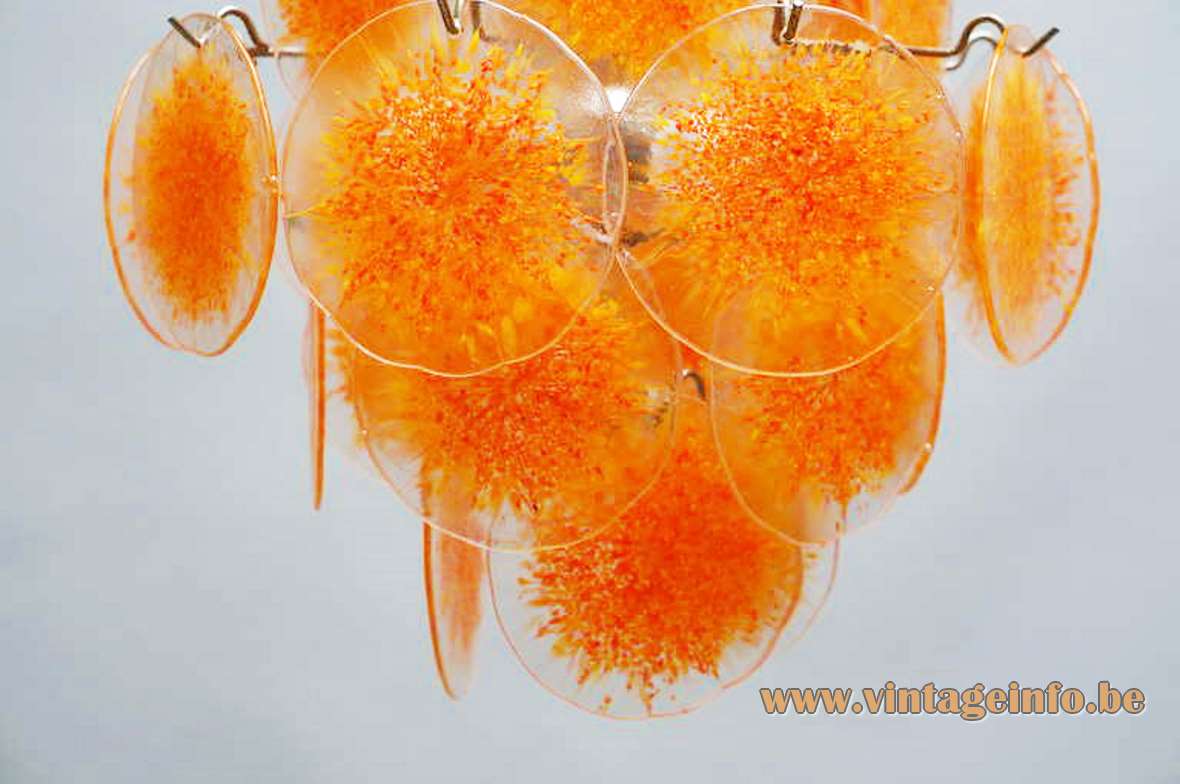27 discs Murano chandelier chrome wire frame orange glass dishes 1960s 1970s AV Mazzega Vistosi Italy 