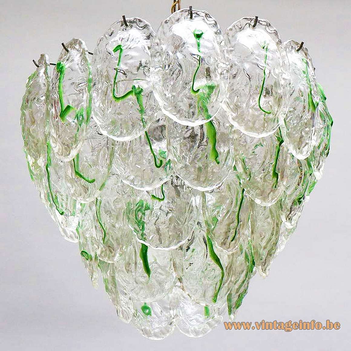 AV Mazzega green glass leaves chandelier 40 Murano leaves chrome frame chain 12 sockets 1960s 1970s
