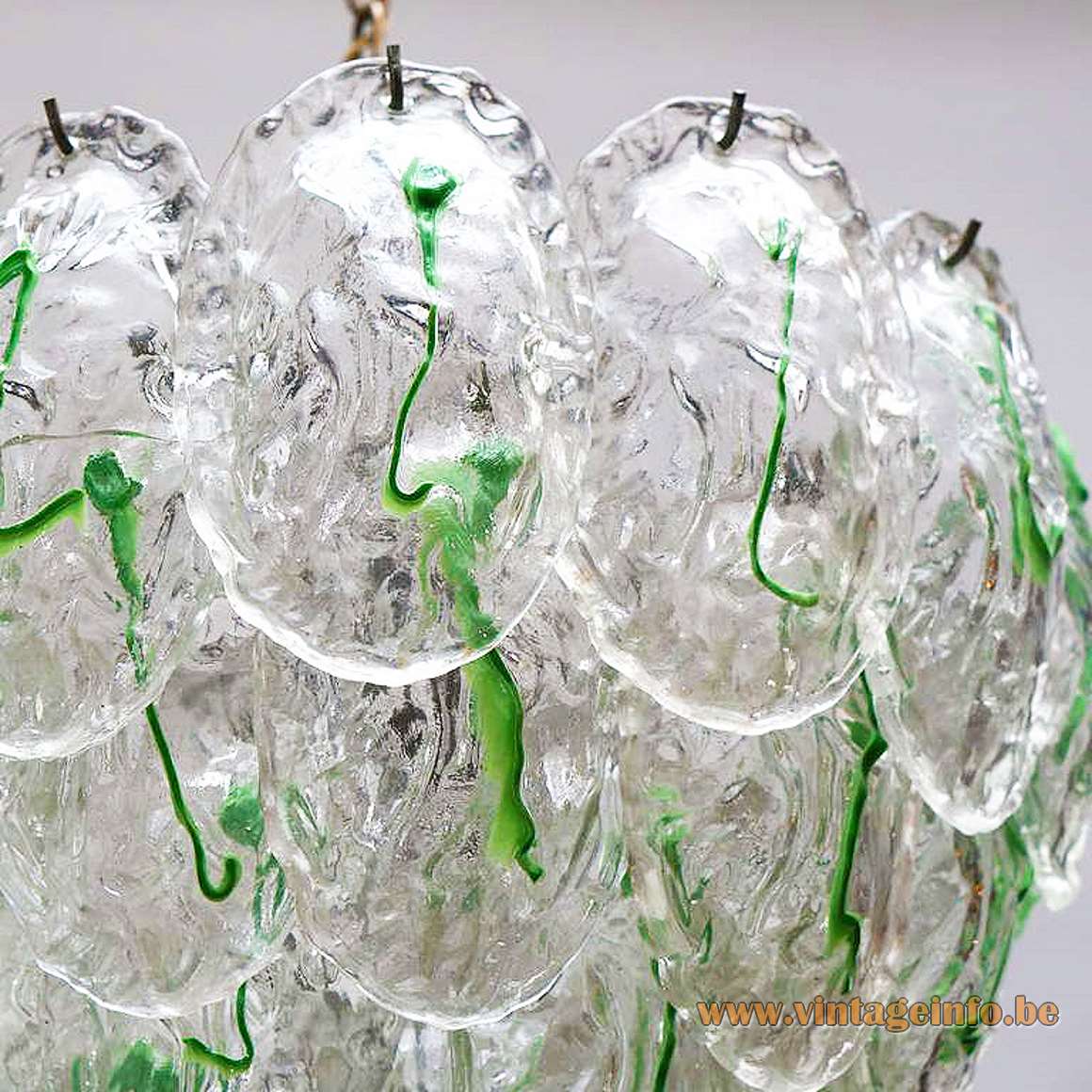 AV Mazzega green glass leaves chandelier 40 Murano leaves chrome frame chain 12 sockets 1960s 1970s