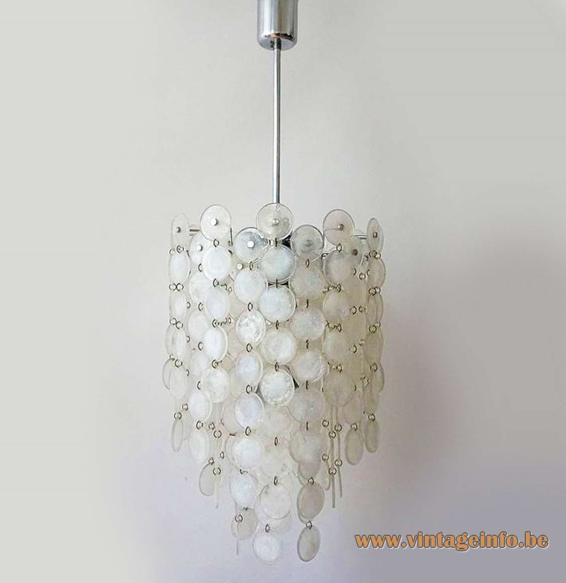 AV Mazzega Thousand Moons chandelier design: Carlo Nason white Murano glass discs chrome frame rod 1970s