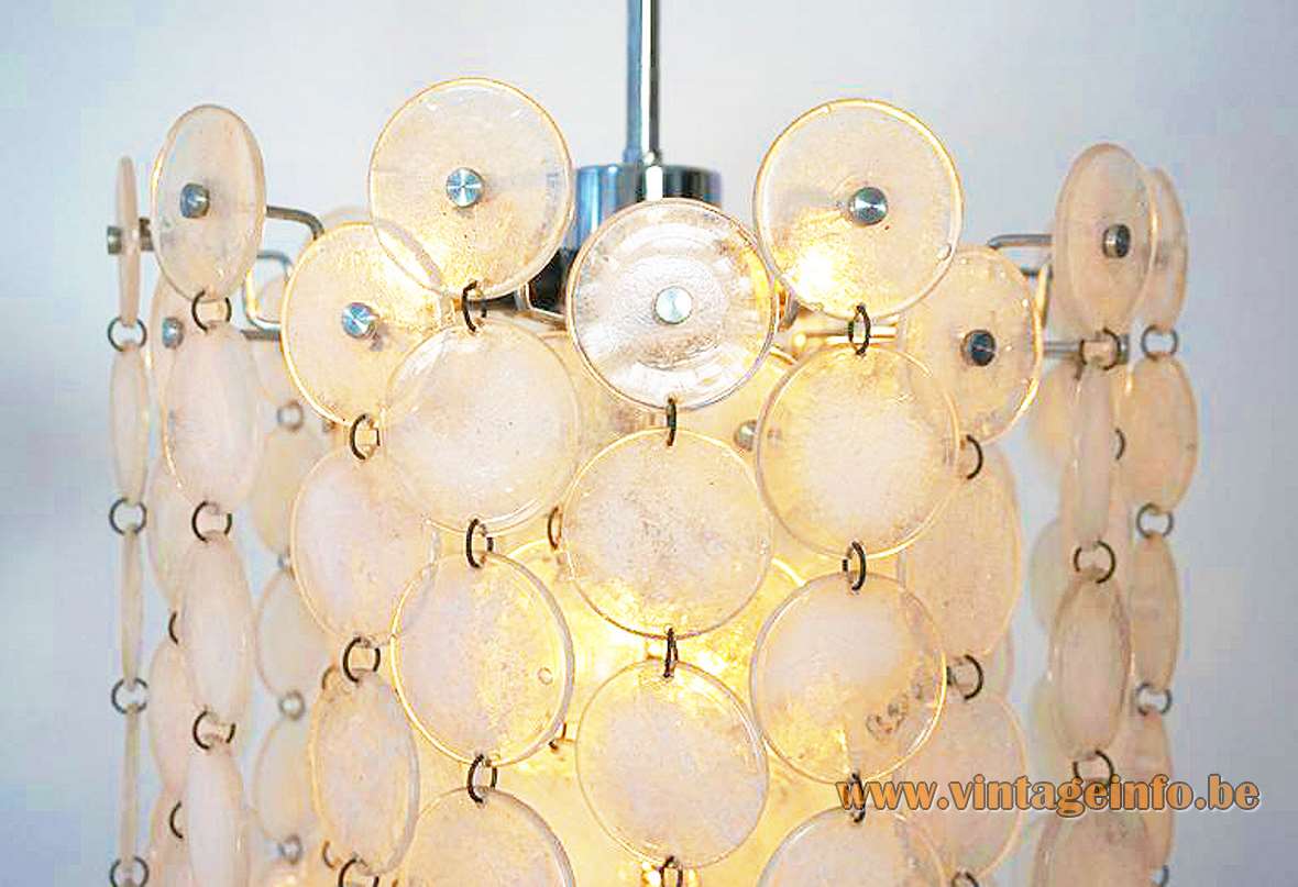 AV Mazzega Thousand Moons chandelier design: Carlo Nason white Murano glass discs chrome frame rod 1970s