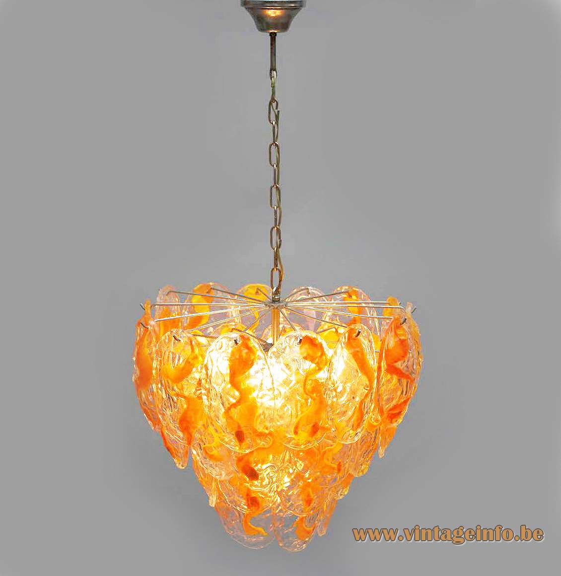 AV Mazzega orange glass leaves chandelier 40 Murano leaves chrome frame chain 12 sockets 1960s 1970s