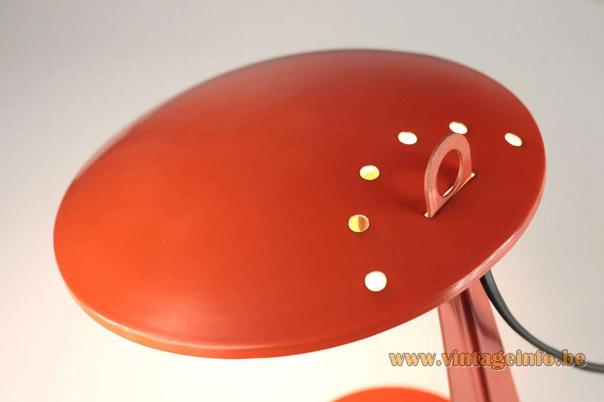 Aluminor UFO desk lamp flat iron base orange & white aluminium lampshade 1950s 1960s France E14 socket 