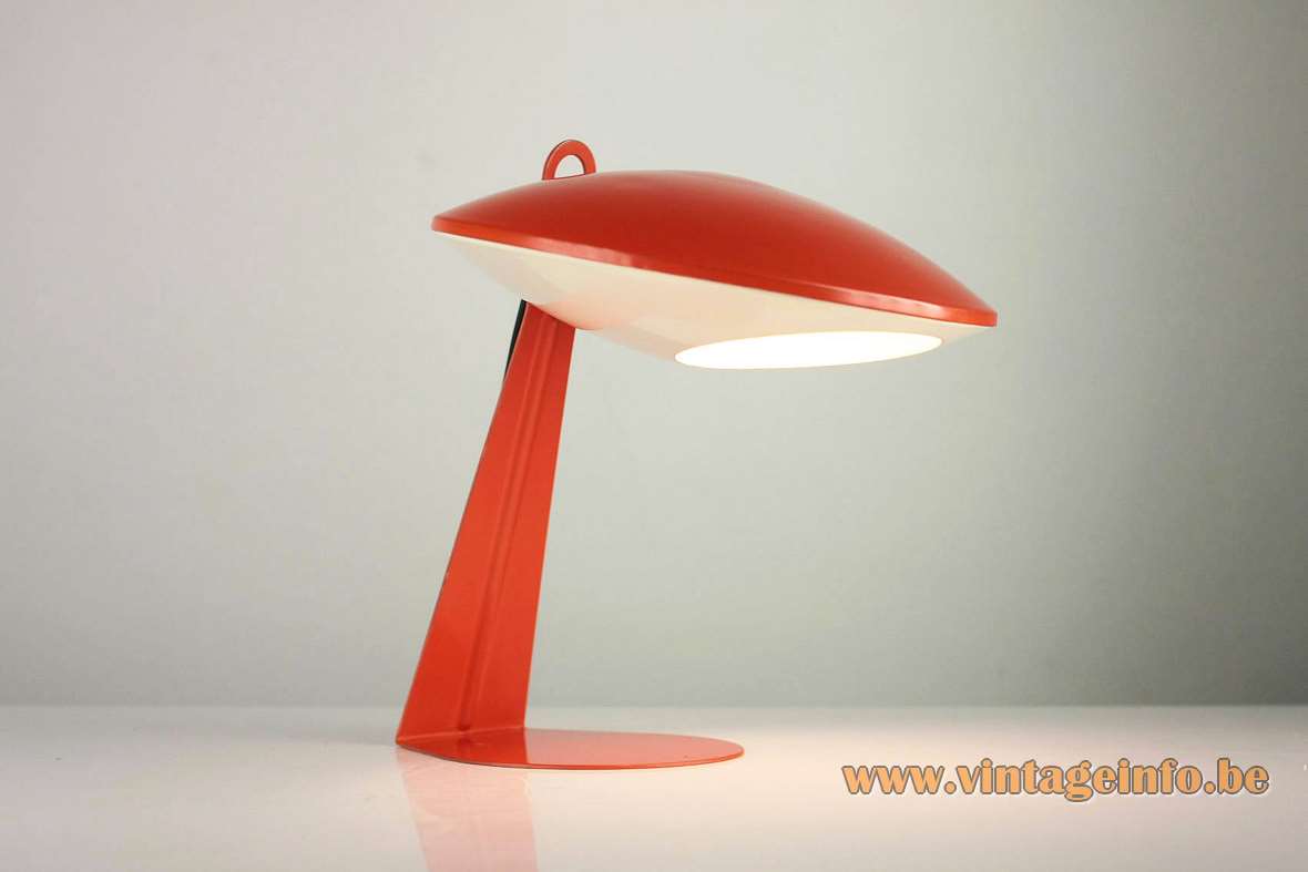 Aluminor UFO desk lamp flat iron base orange & white aluminium lampshade 1950s 1960s France E14 socket 