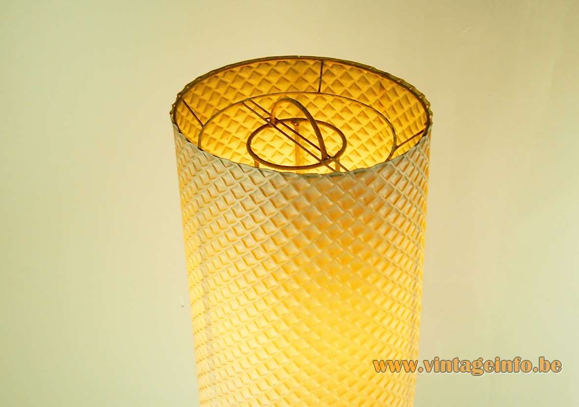 Aro Leuchte tripod hairpin floor lamp metal wire cylinder tube yellow honeycomb plastic 1960s 1970s Germany