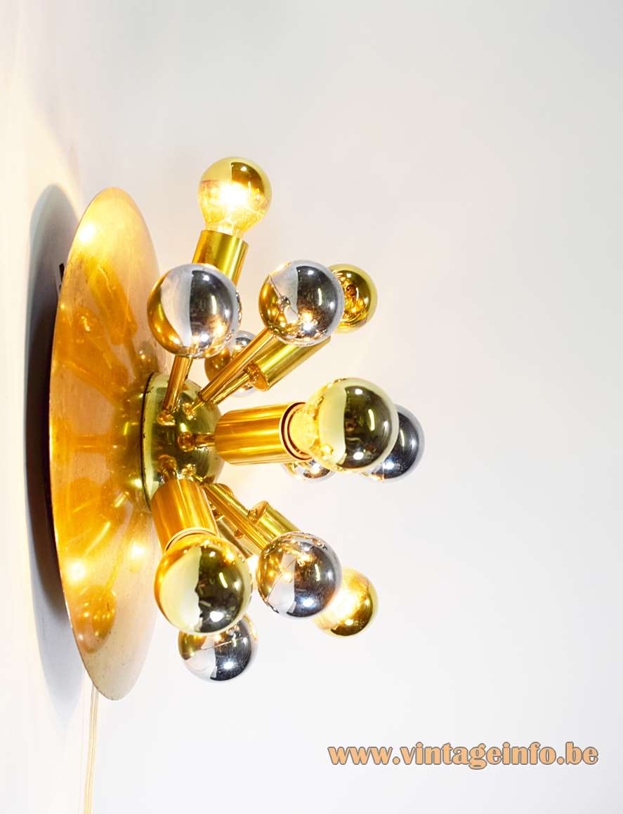 Boulanger brass Sputnik flush mount wall lamp big disc chrome globes 1960s 1970s Belgium 5 bulbs