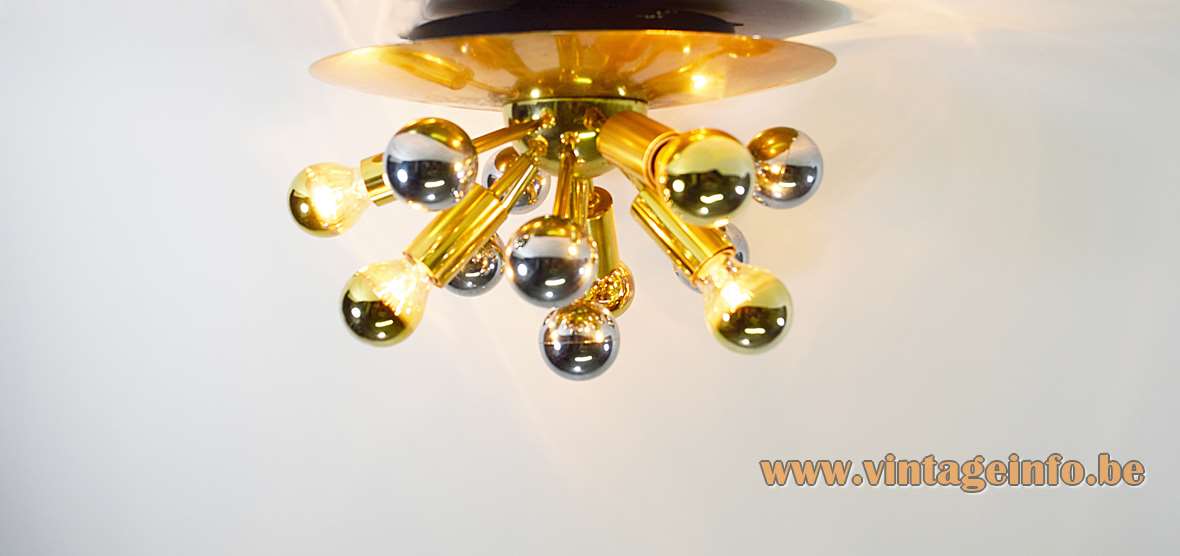 Boulanger brass Sputnik flush mount wall lamp big disc chrome globes 1960s 1970s Belgium 5 bulbs