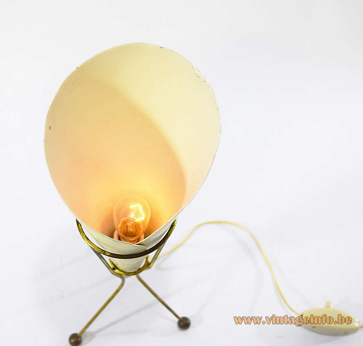 Calla table lamp with a tripod base and a pale yellow conical lily flower lampshade 1950s 1960s