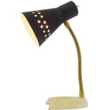 Perforated stars horseshoe desk lamp black conical lampshade brass goose-neck white cast iron base 1950s 1960s