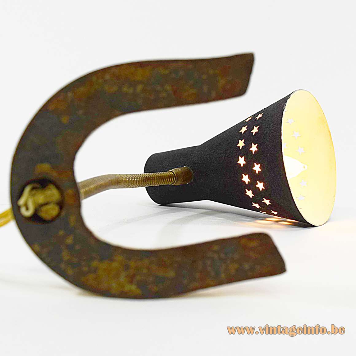 Perforated stars horseshoe desk lamp black conical lampshade brass goose-neck white cast iron base 1950s 1960s