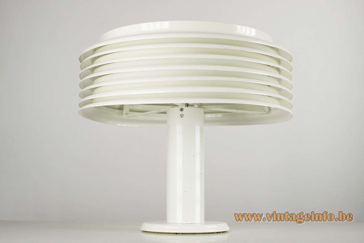 Kazuo Motozawa Saturno table lamp white round metal mushroom slats design Staff Leuchten Germany 1970s