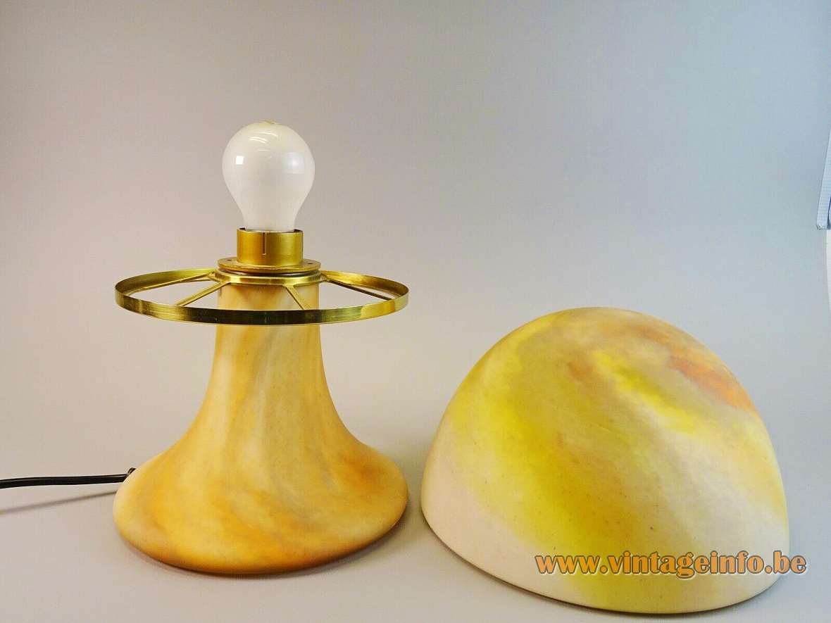 Glashütte Limburg art nouveau style mushroom table lamp brown-red-yellow glass brass ring 1970s 1980s Germany