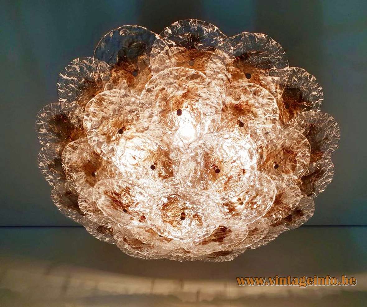 Mazzega large clear & brown discs flush mount 33 overlapping embossed Murano round glass dishes 1980s 1990s