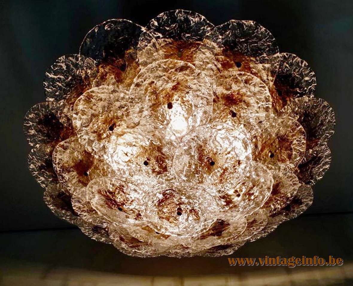 Mazzega large clear & brown discs flush mount 33 overlapping embossed Murano round glass dishes 1980s 1990s