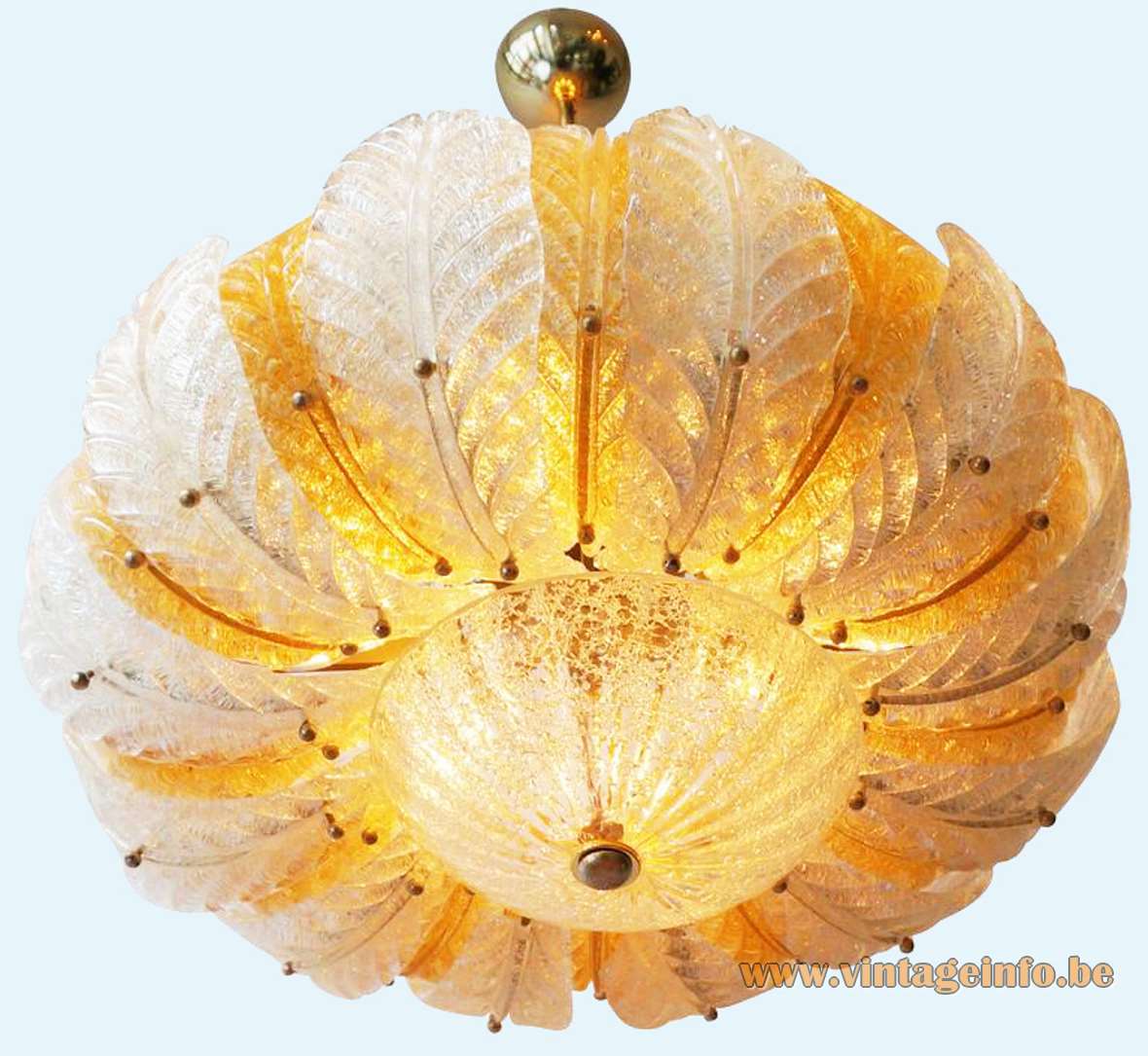 24 Murano glass leaves chandelier yellow-orange opal curved amber plates AV Mazzega chain 1950s 1990s