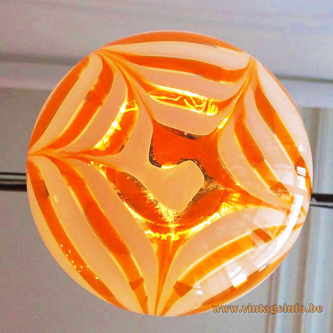 Murano globe pendant lamp white circles striped clear orange glass design: Carlo Moretti 1960s 1970s Italy