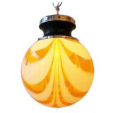 Murano globe pendant lamp white circles striped clear orange glass design: Carlo Moretti 1960s 1970s Italy