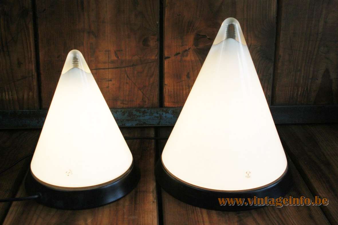 Peill + Putzler Kibo pyramid table lamp opal clear conical glass round black metal base 2000s Germany
