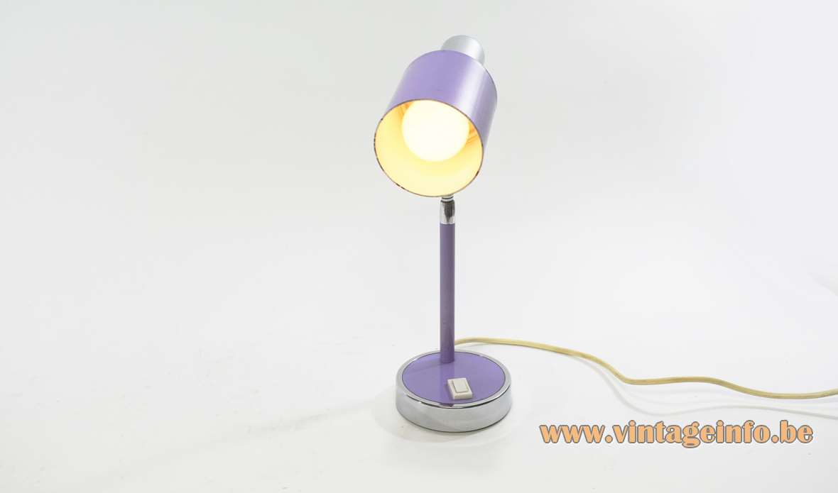 Prova 1970s desk lamp purple round base rod & lampshade chrome goose-neck & tube E14 lamp socket Italy